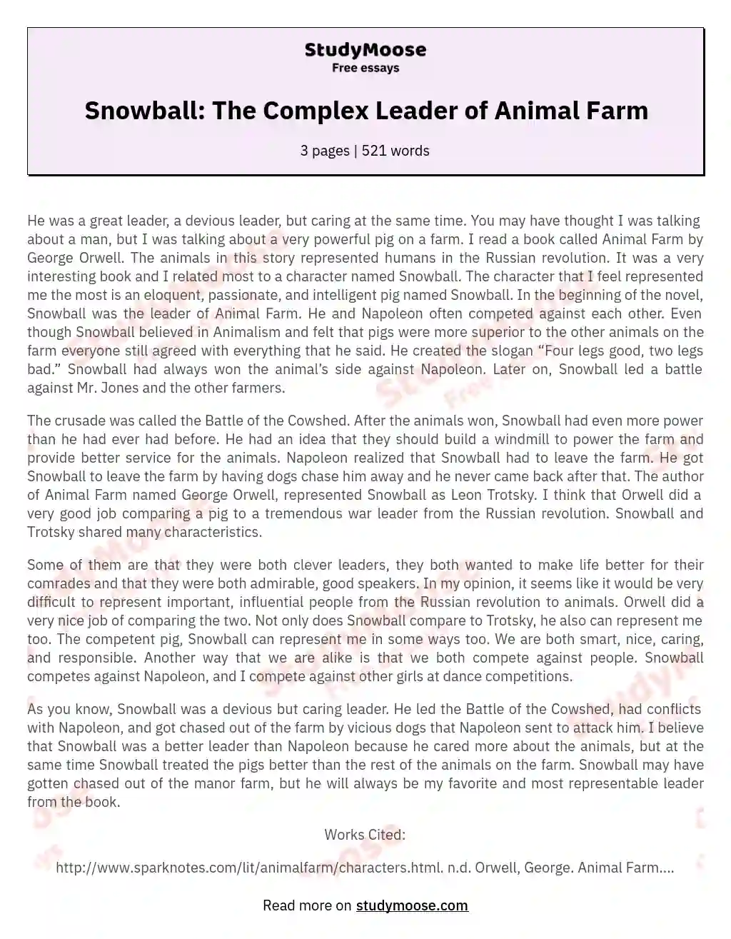 Animal Farm: Snowball Free Essay Example
