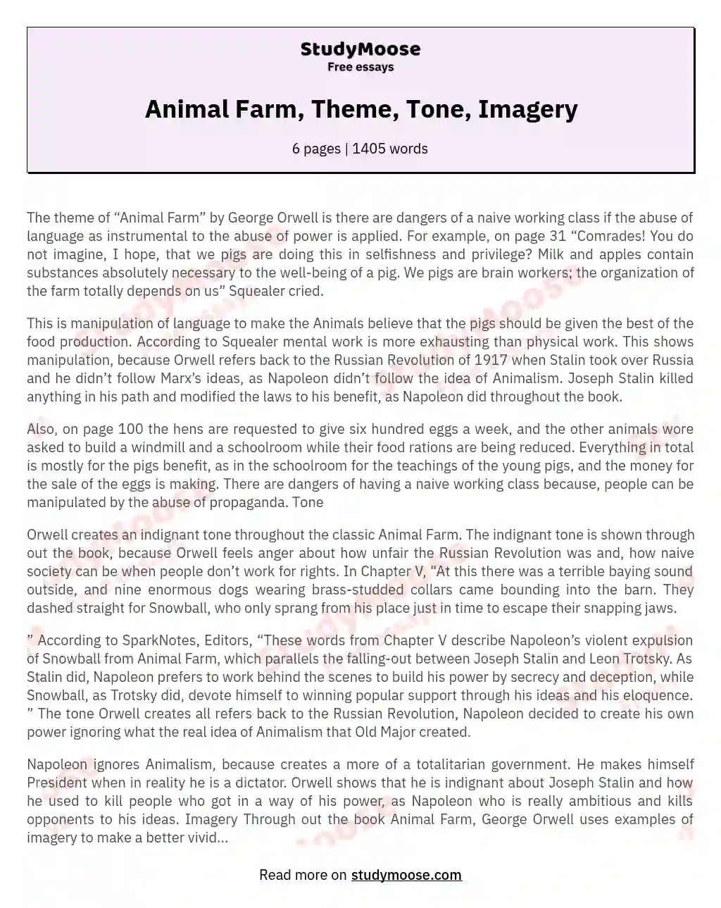 Animal Farm, Theme, Tone, Imagery Free Essay Example
