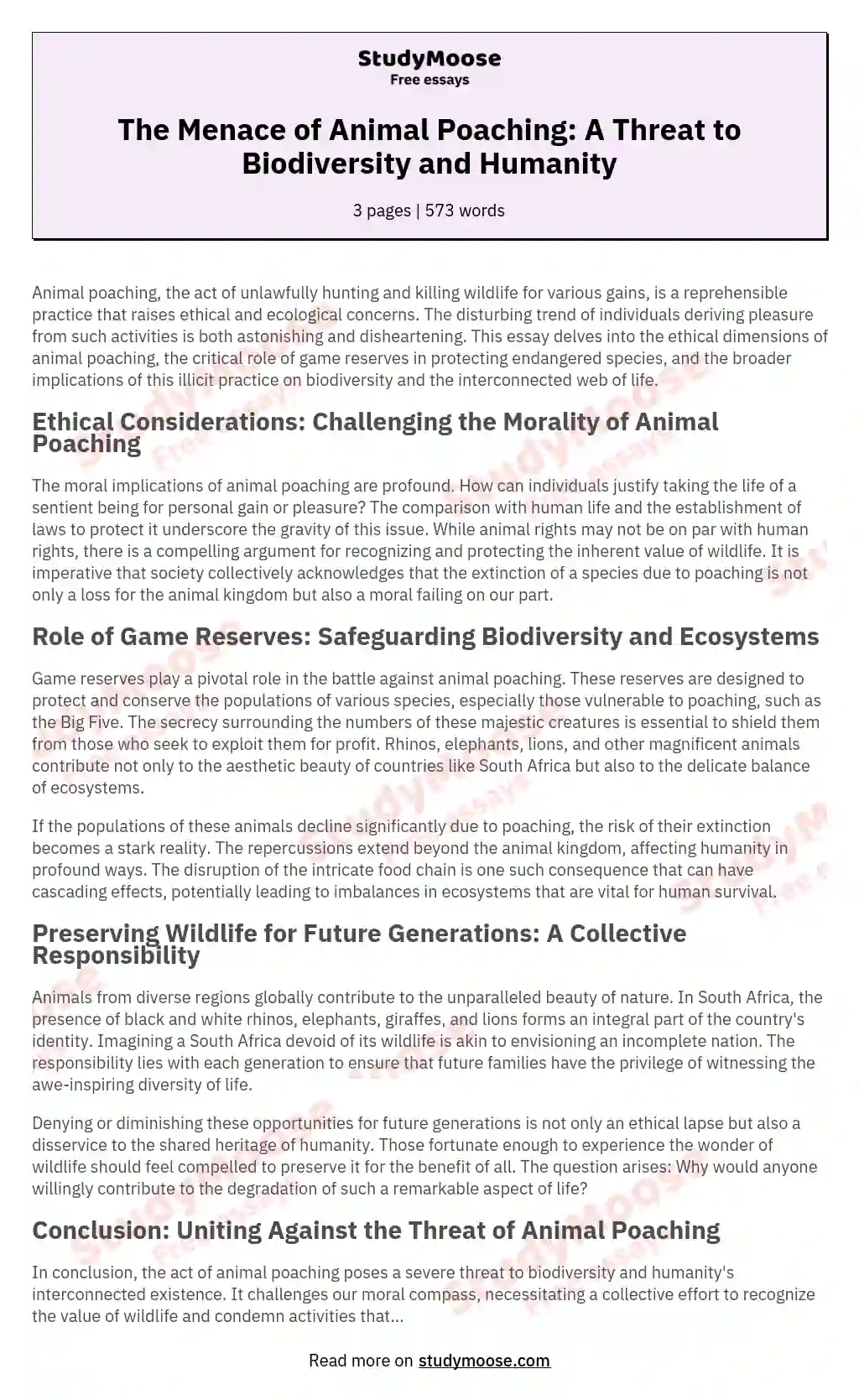 My opinion on animal poaching Free Essay Example