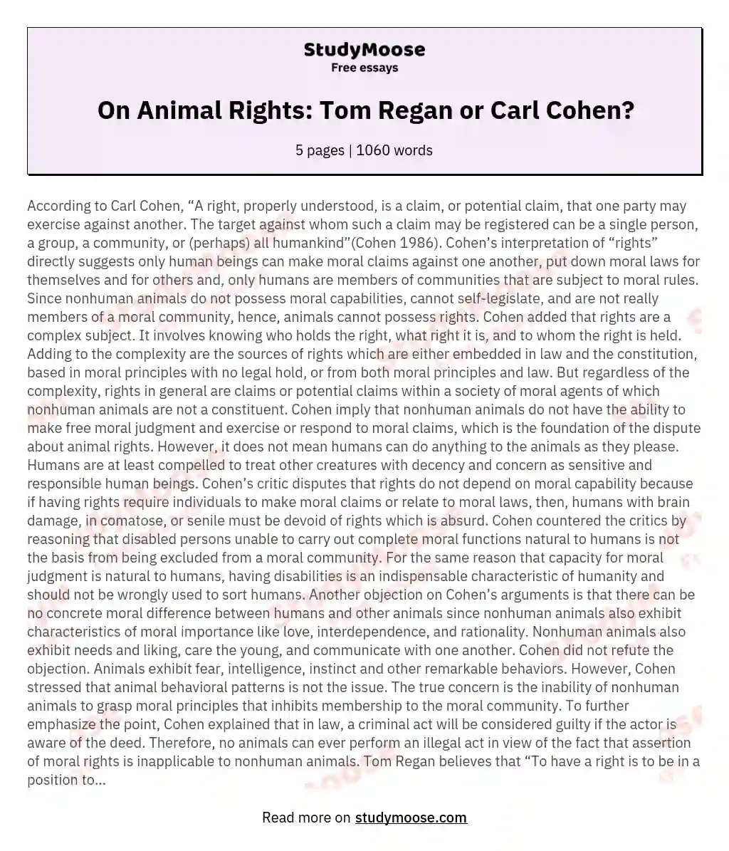 On Animal Rights: Tom Regan or Carl Cohen?