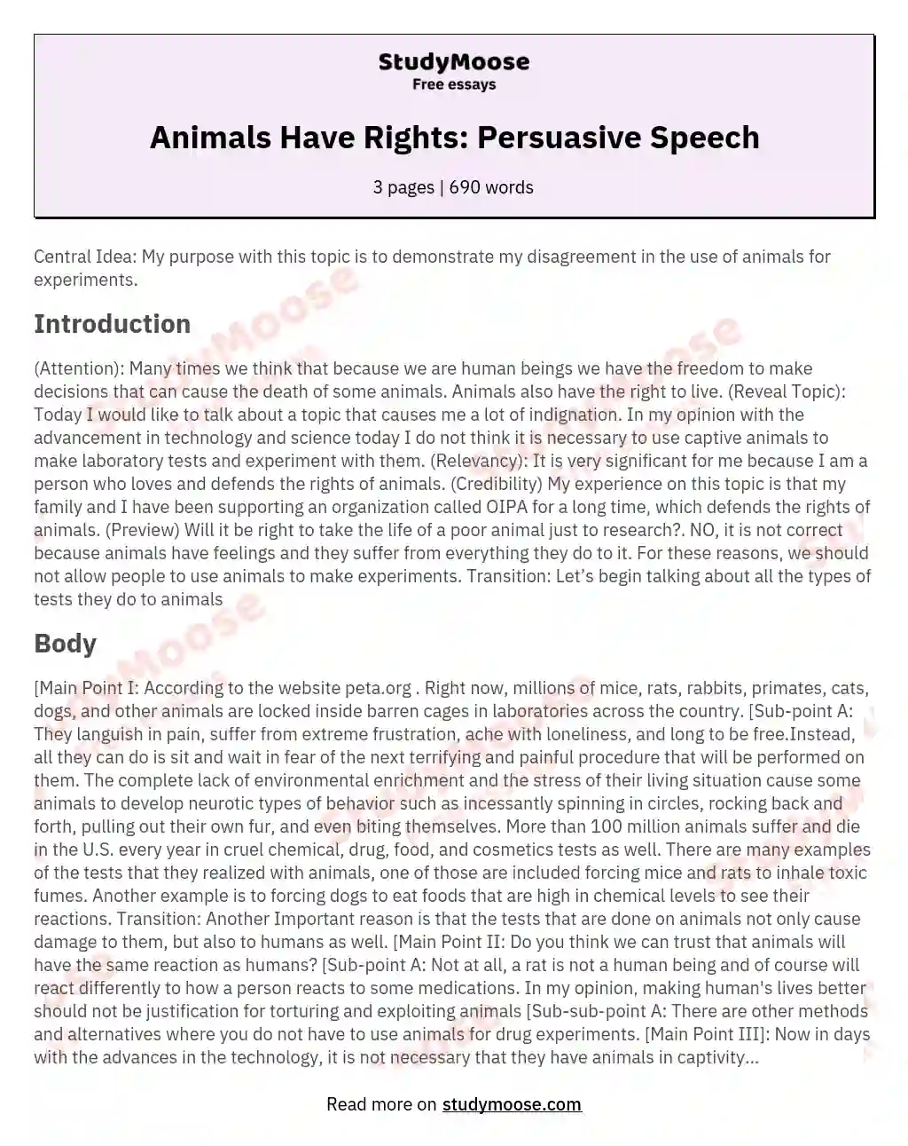Animals Have Rights: Persuasive Speech Free Essay Example