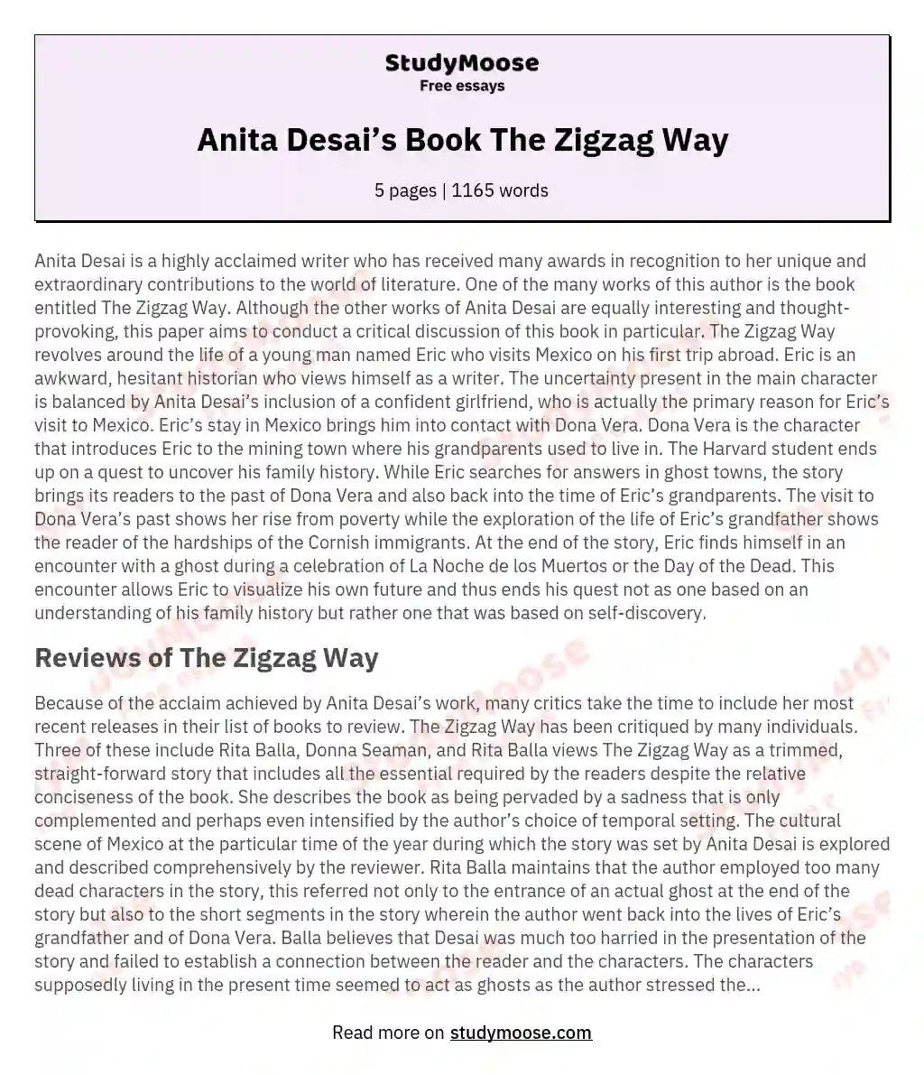 Anita Desai’s Book The Zigzag Way essay