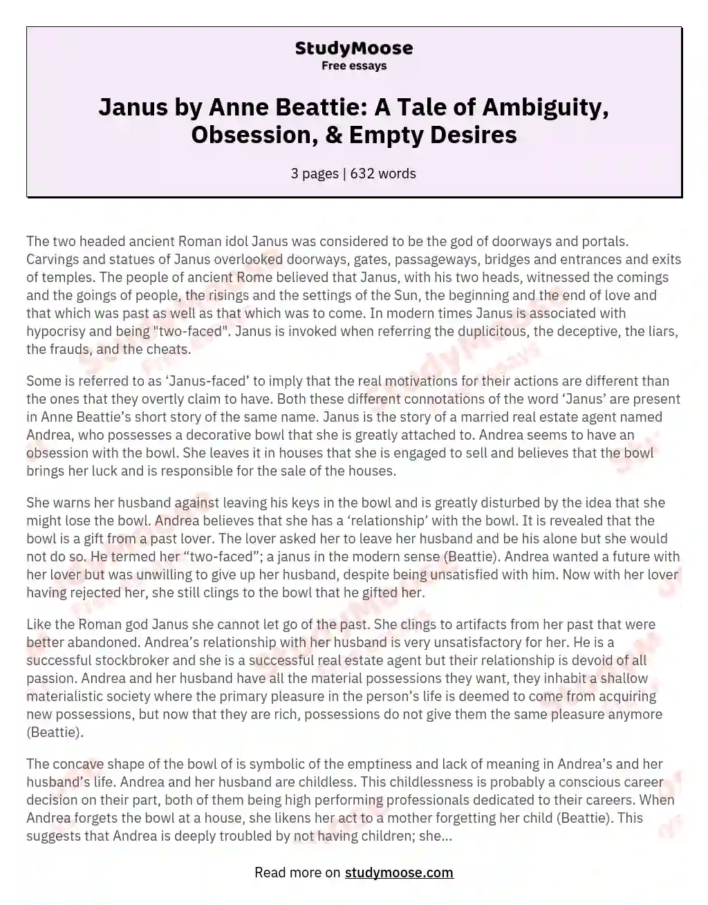 Janus by Anne Beattie: A Tale of Ambiguity, Obsession, & Empty Desires essay