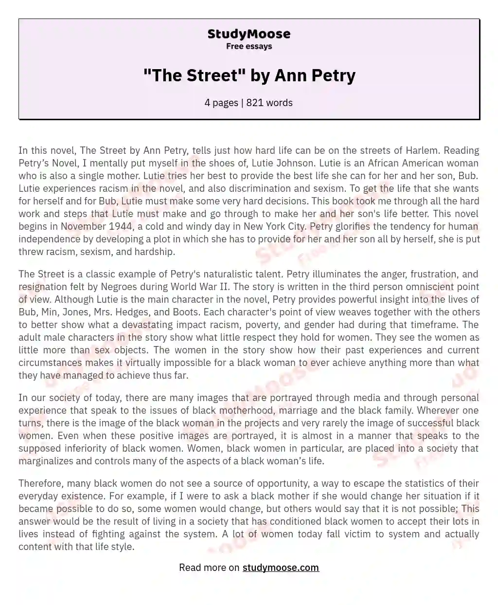 "The Street" by Ann Petry essay