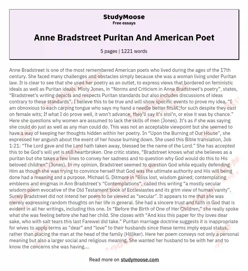 Anne Bradstreet Puritan And American Poet essay