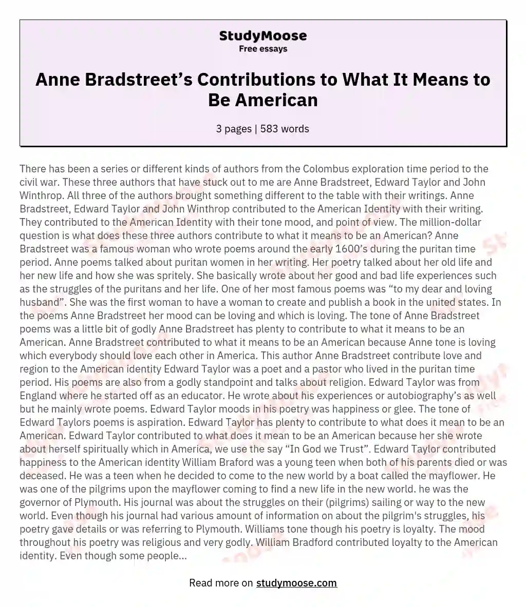 Anne Bradstreet’s Contributions to What It Means to Be American essay