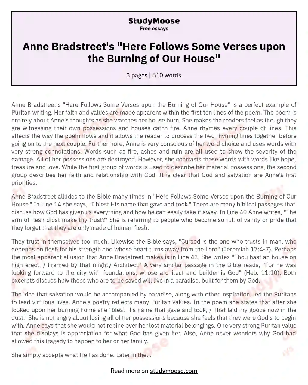Anne Bradstreet's "Here Follows Some Verses upon the Burning of Our House" essay