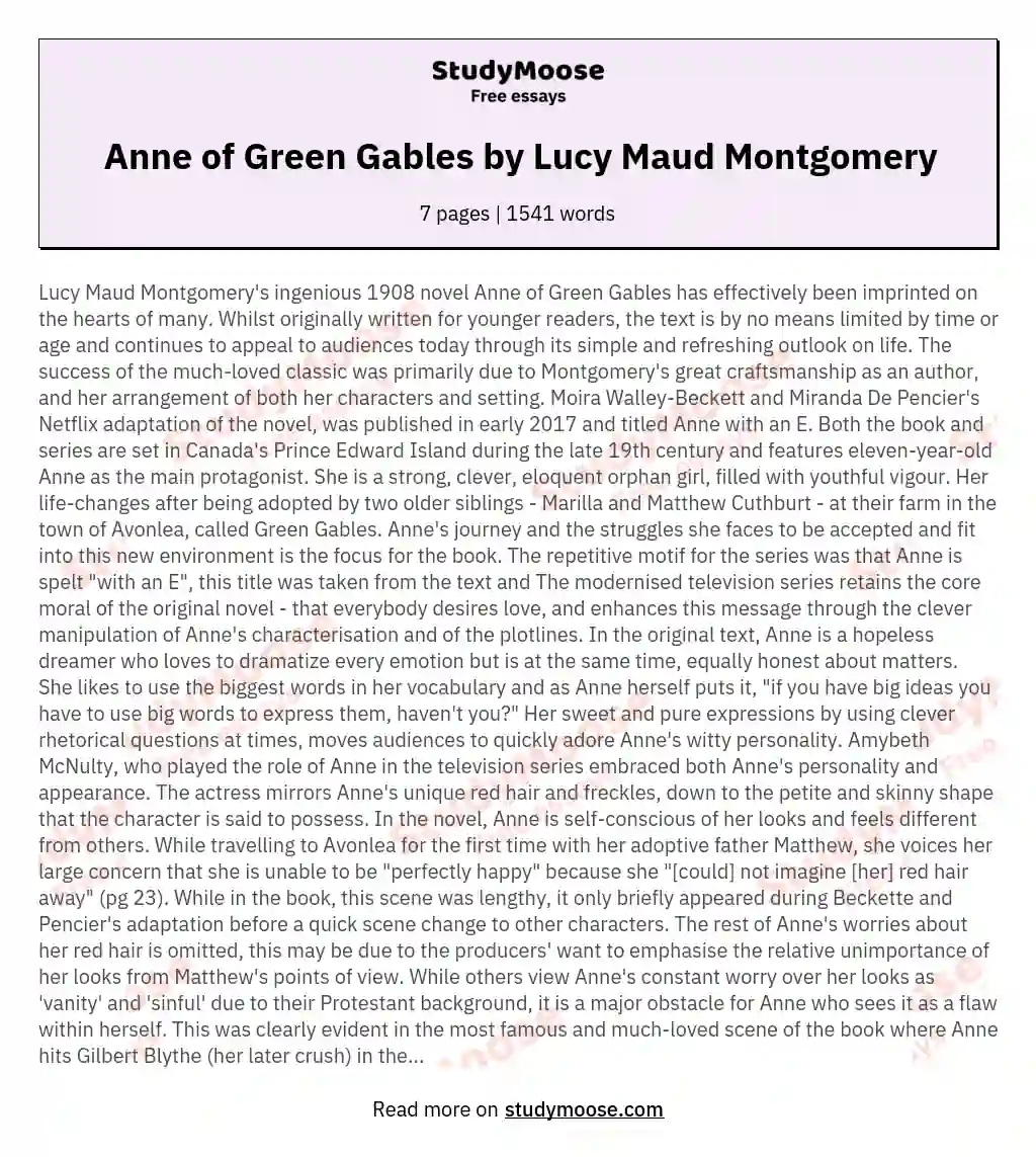 Anne of Green Gables by Lucy Maud Montgomery essay