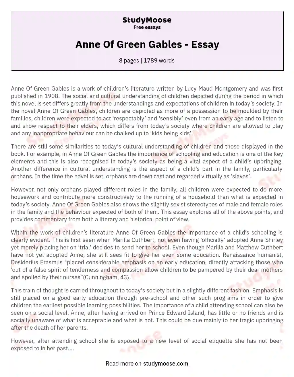 Anne Of Green Gables - Essay essay