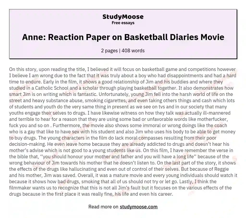 Anne: Reaction Paper on Basketball Diaries Movie
