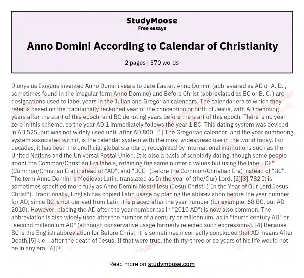 Anno Domini According to Calendar of Christianity essay
