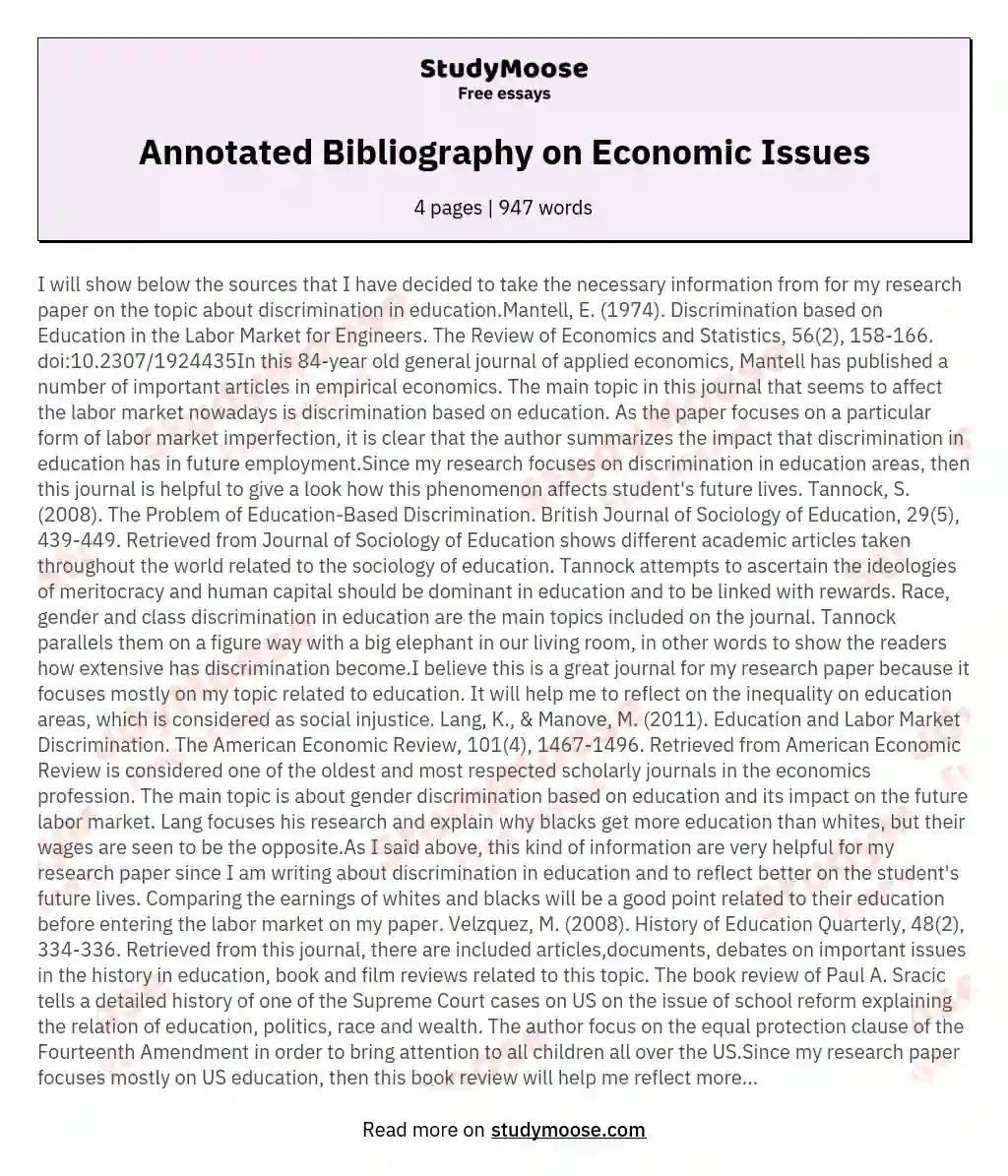 Annotated Bibliography on Economic Issues essay