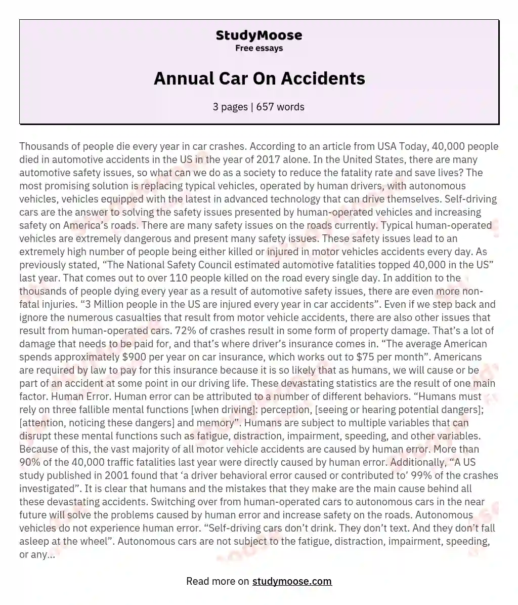 Annual Car On Accidents essay