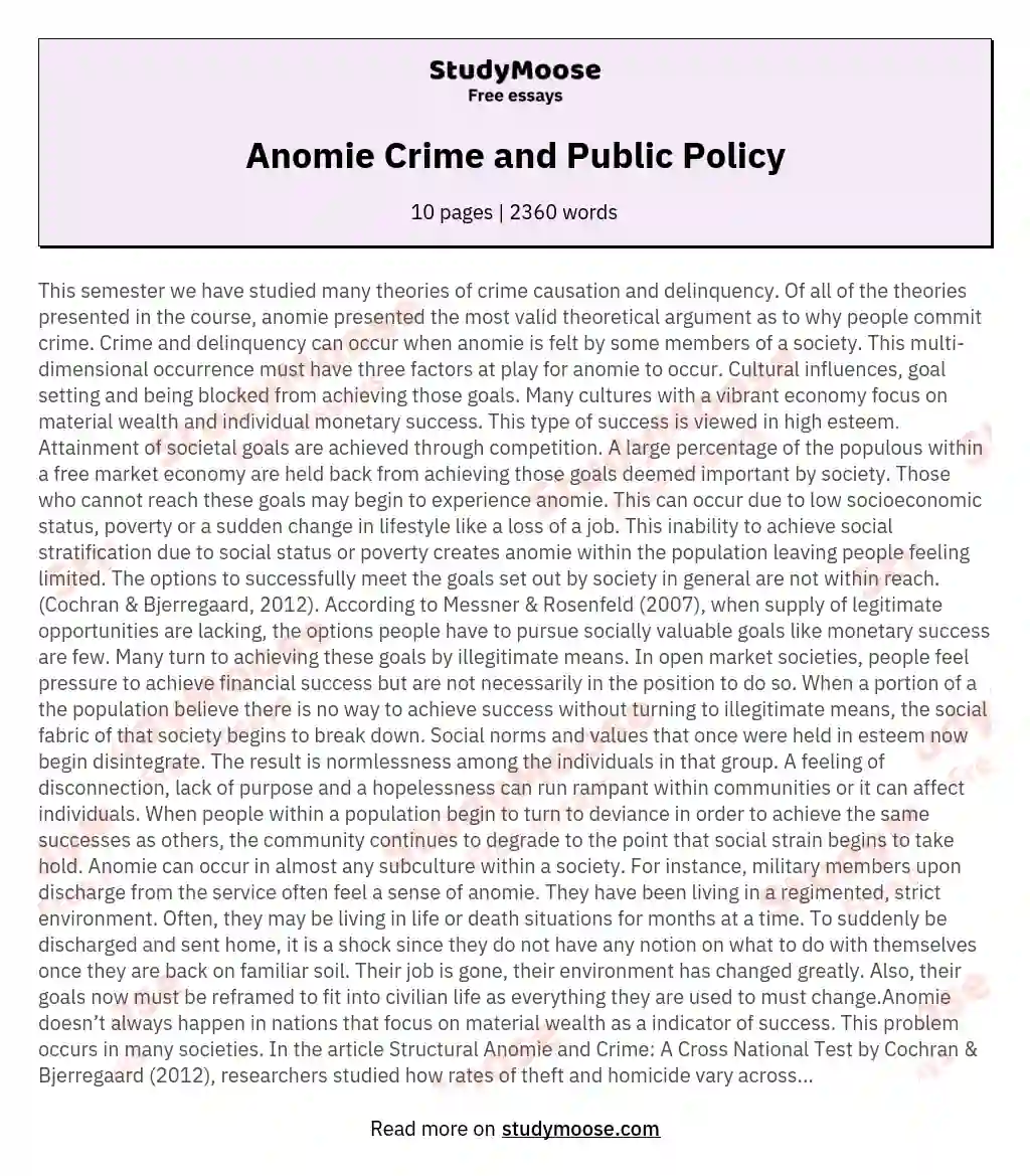 Anomie Crime and Public Policy essay