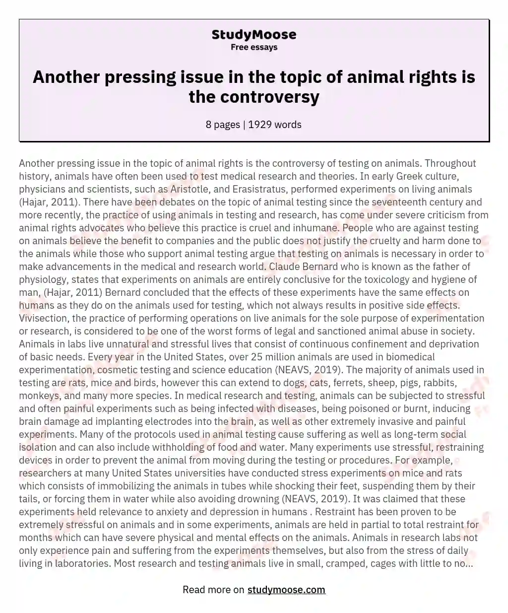 Another pressing issue in the topic of animal rights is the controversy essay