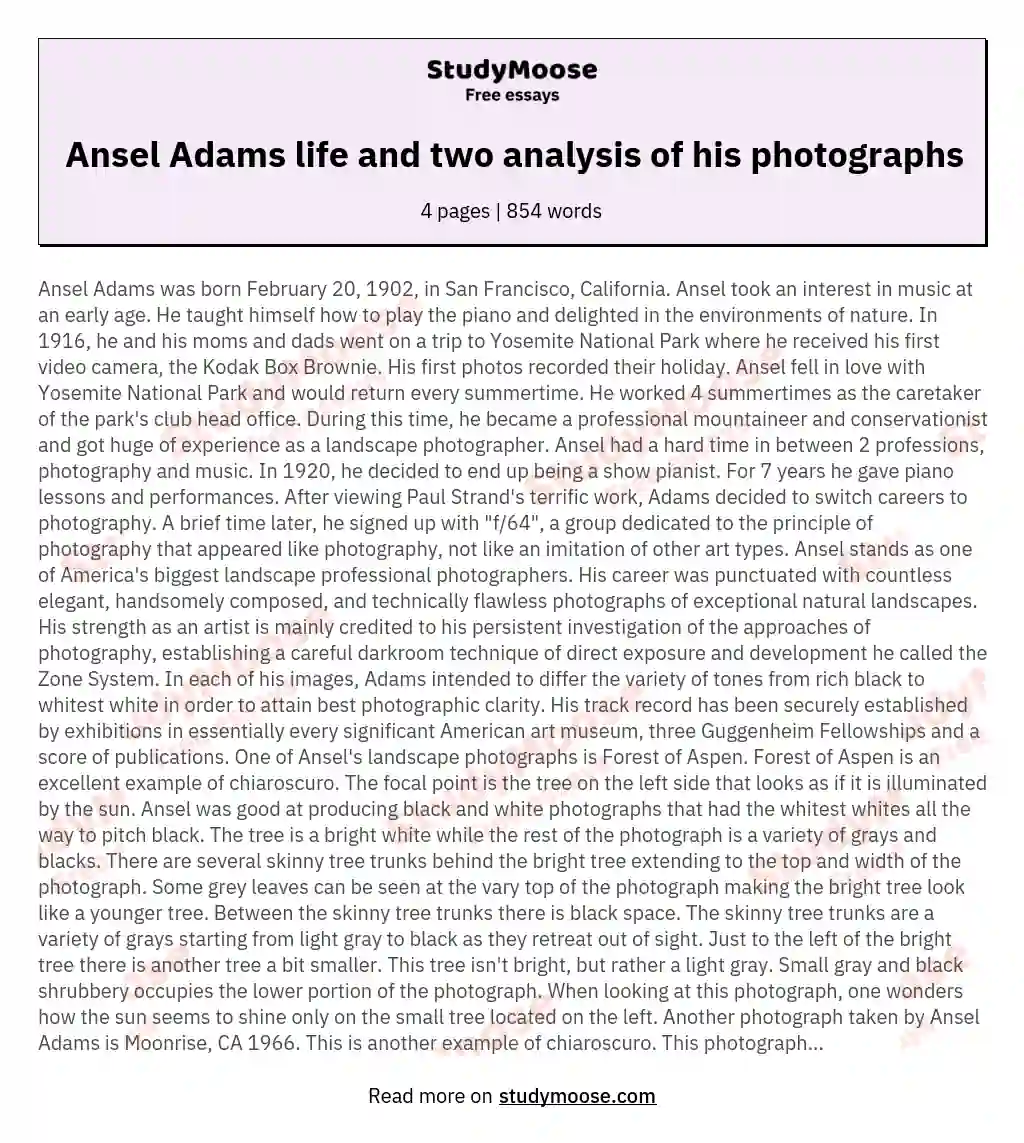 Ansel Adams life and two analysis of his photographs essay