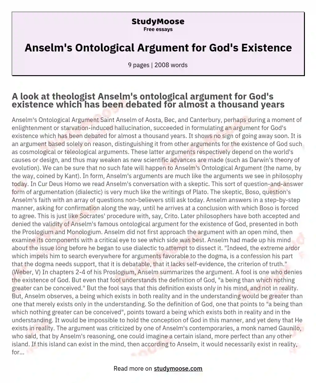 Anselm's Ontological Argument for God's Existence essay