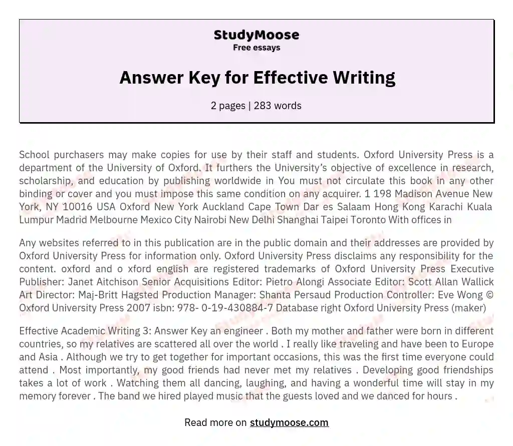 Answer Key for Effective Writing essay