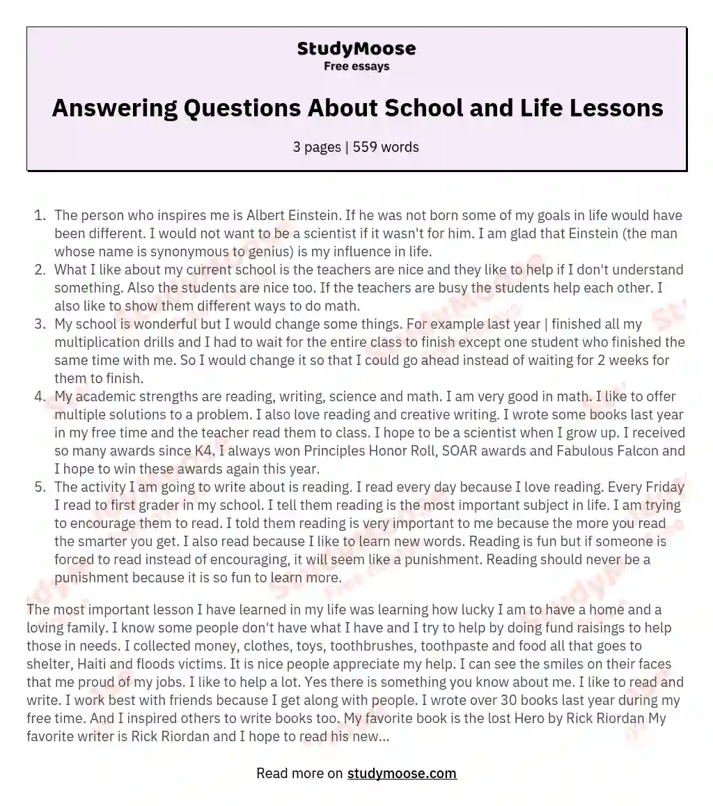 Answering Questions About School and Life Lessons essay