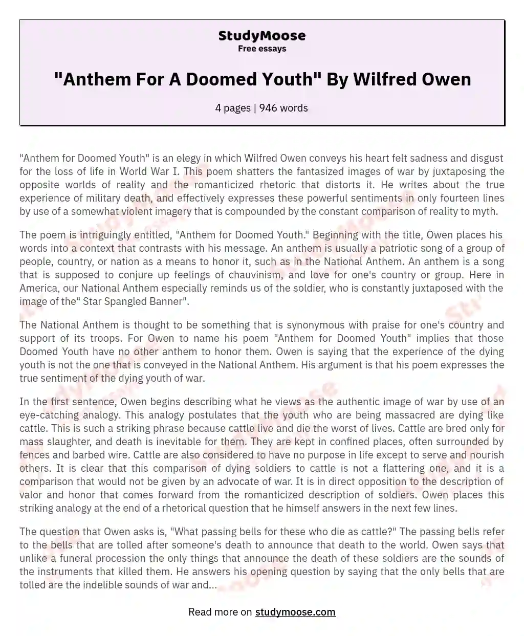 "Anthem For A Doomed Youth" By Wilfred Owen essay
