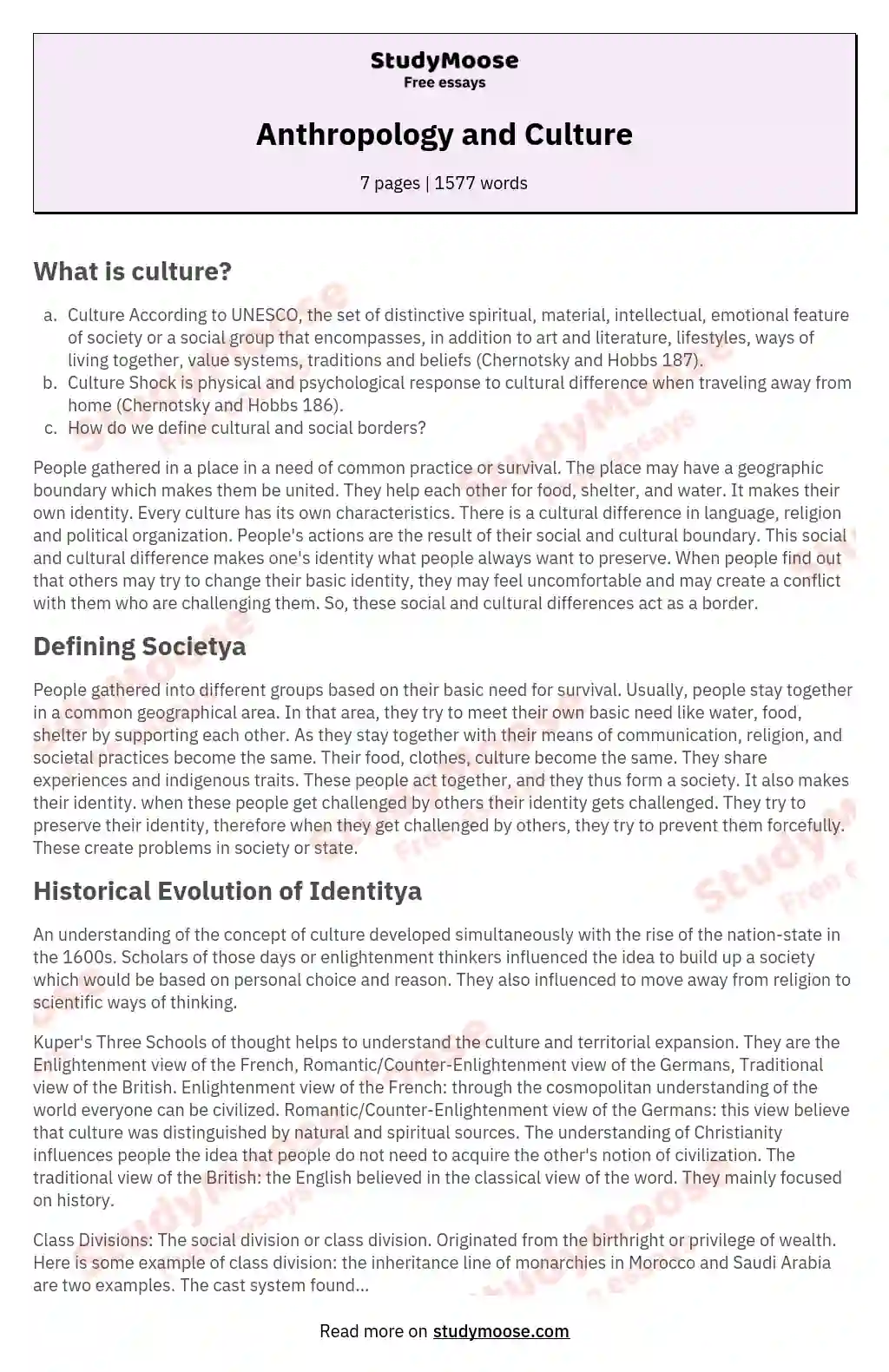 Anthropology and Culture essay