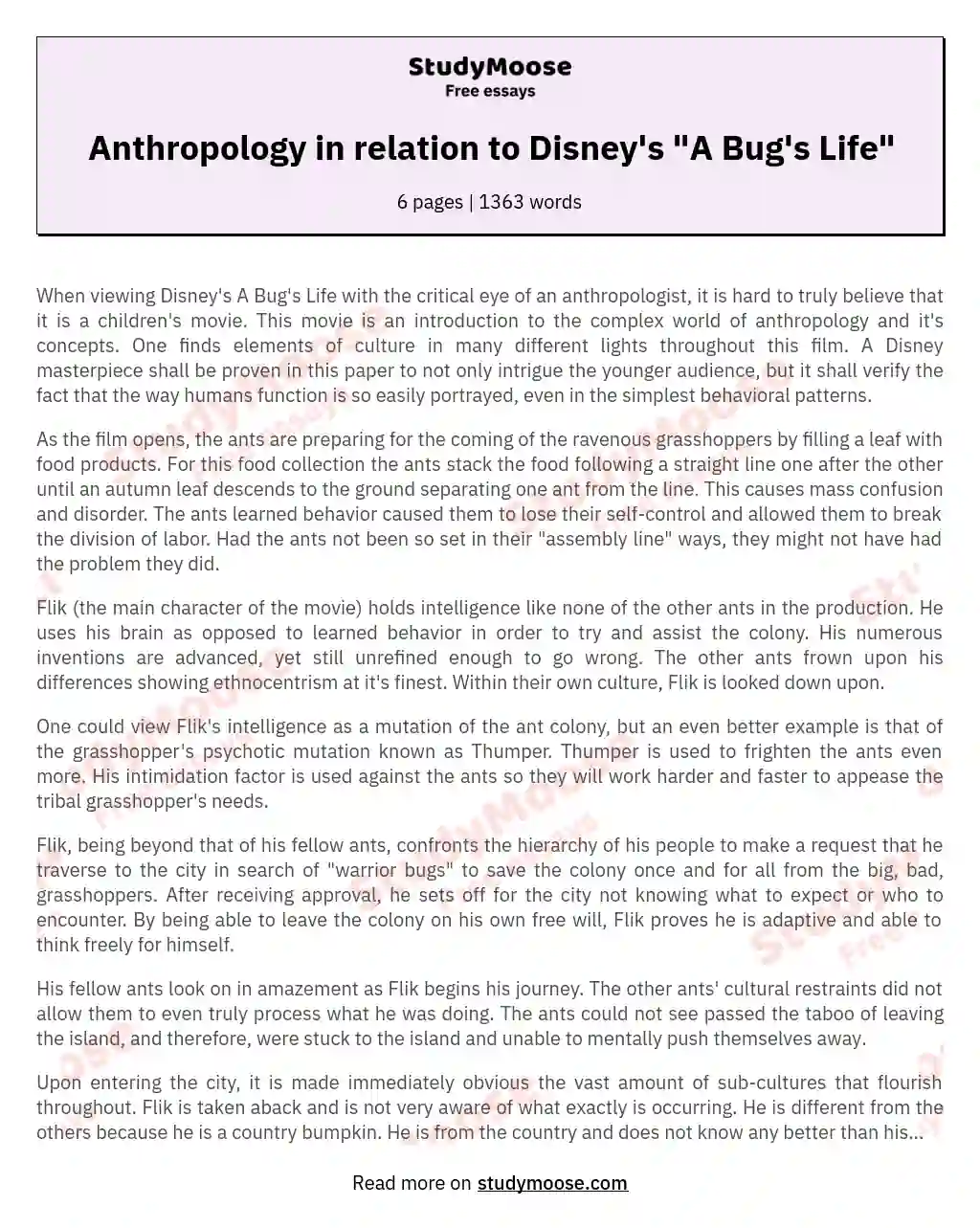 Anthropology in relation to Disney's "A Bug's Life" essay