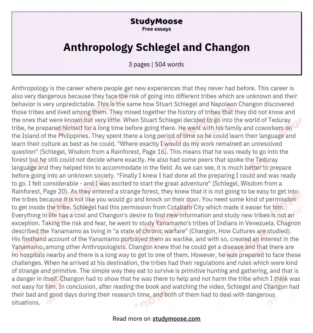 Anthropology Schlegel and Changon essay