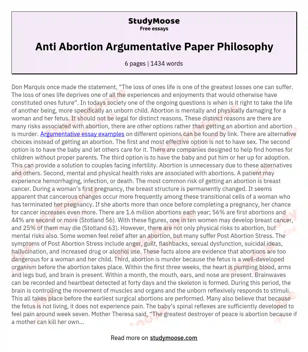 Anti Abortion Argumentative Paper Philosophy essay
