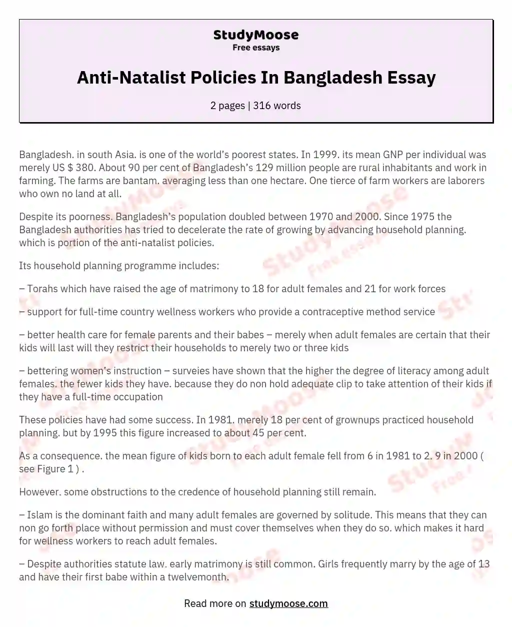 Anti-Natalist Policies In Bangladesh Essay essay