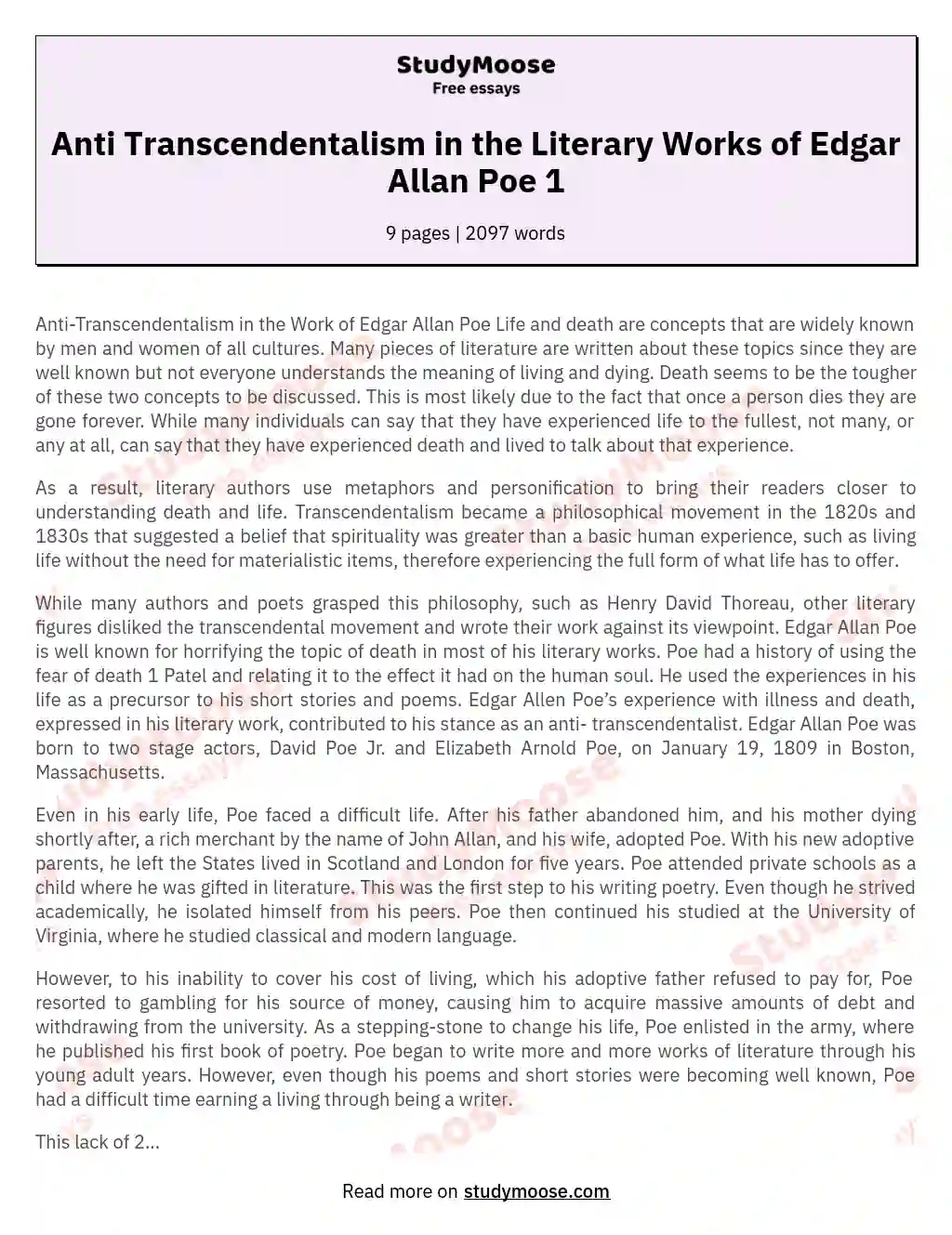 Anti Transcendentalism in the Literary Works of Edgar Allan Poe 1