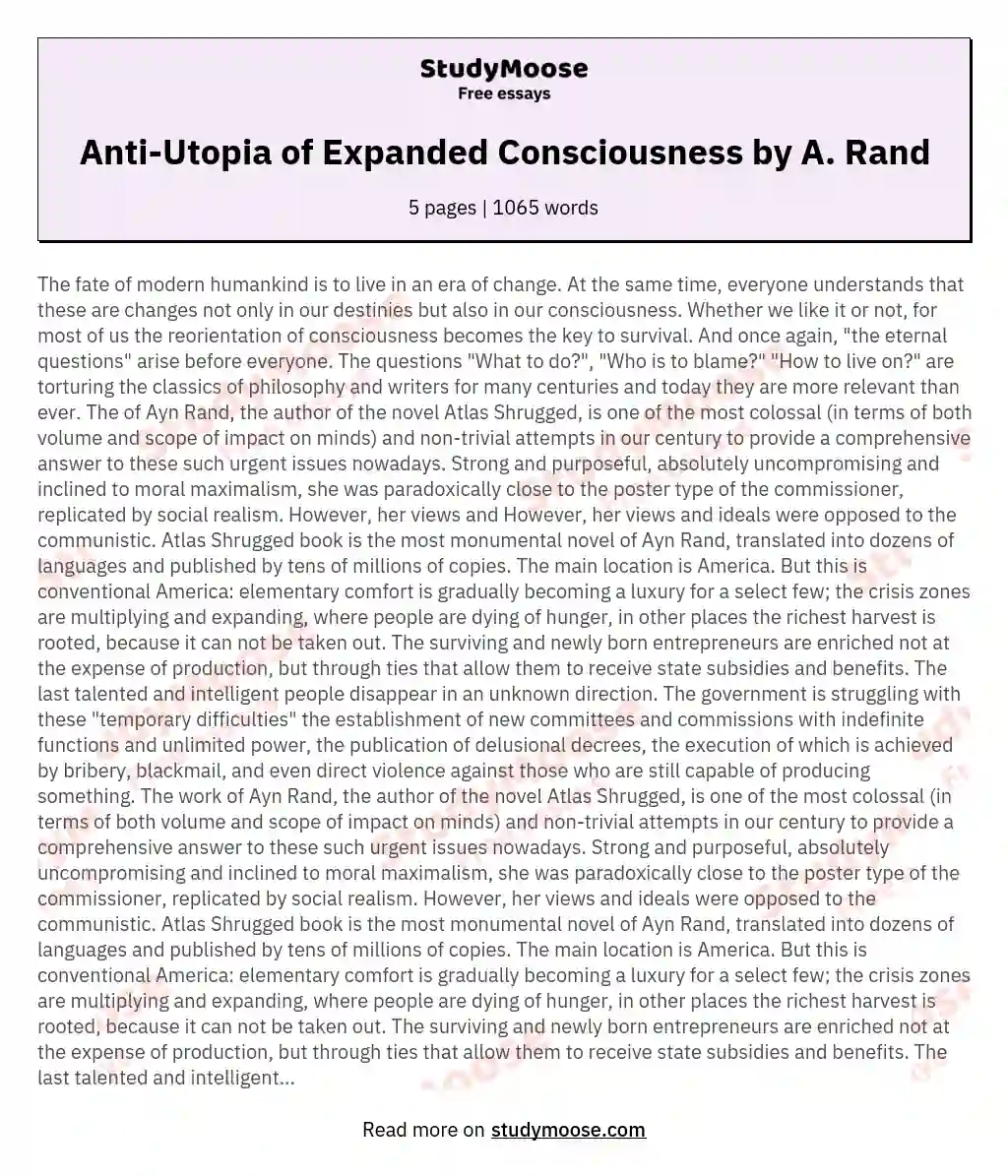 Anti-Utopia of Expanded Consciousness by A. Rand essay