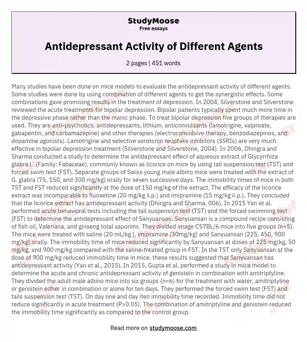 Antidepressant Activity of Different Agents essay