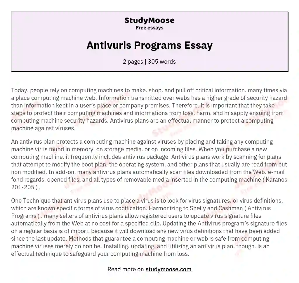 Antivuris Programs Essay essay