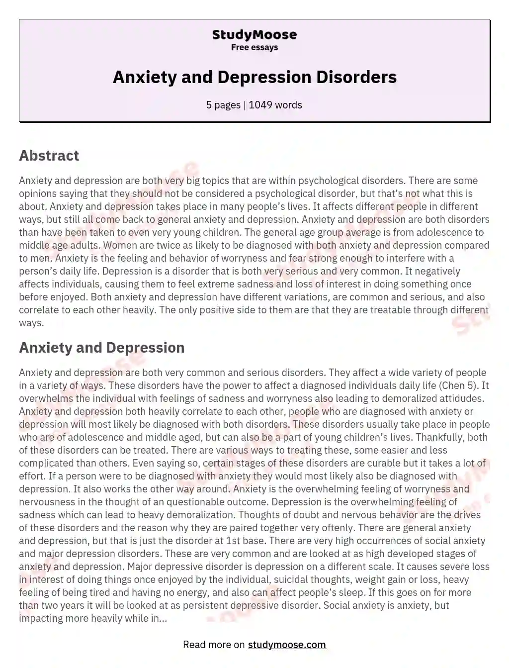 Anxiety and Depression Disorders essay