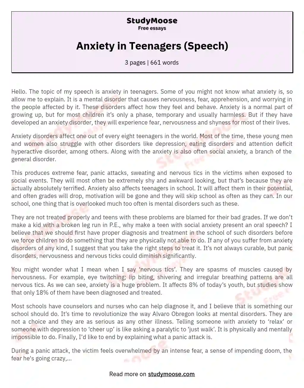 Anxiety in Teenagers (Speech) essay