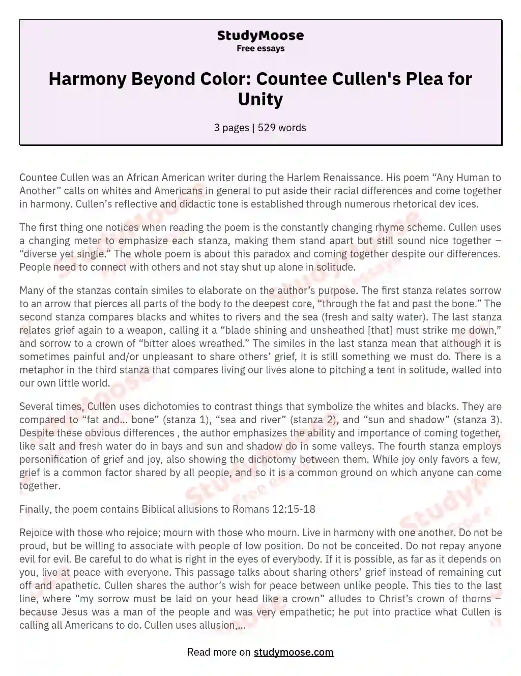 Harmony Beyond Color: Countee Cullen's Plea for Unity essay
