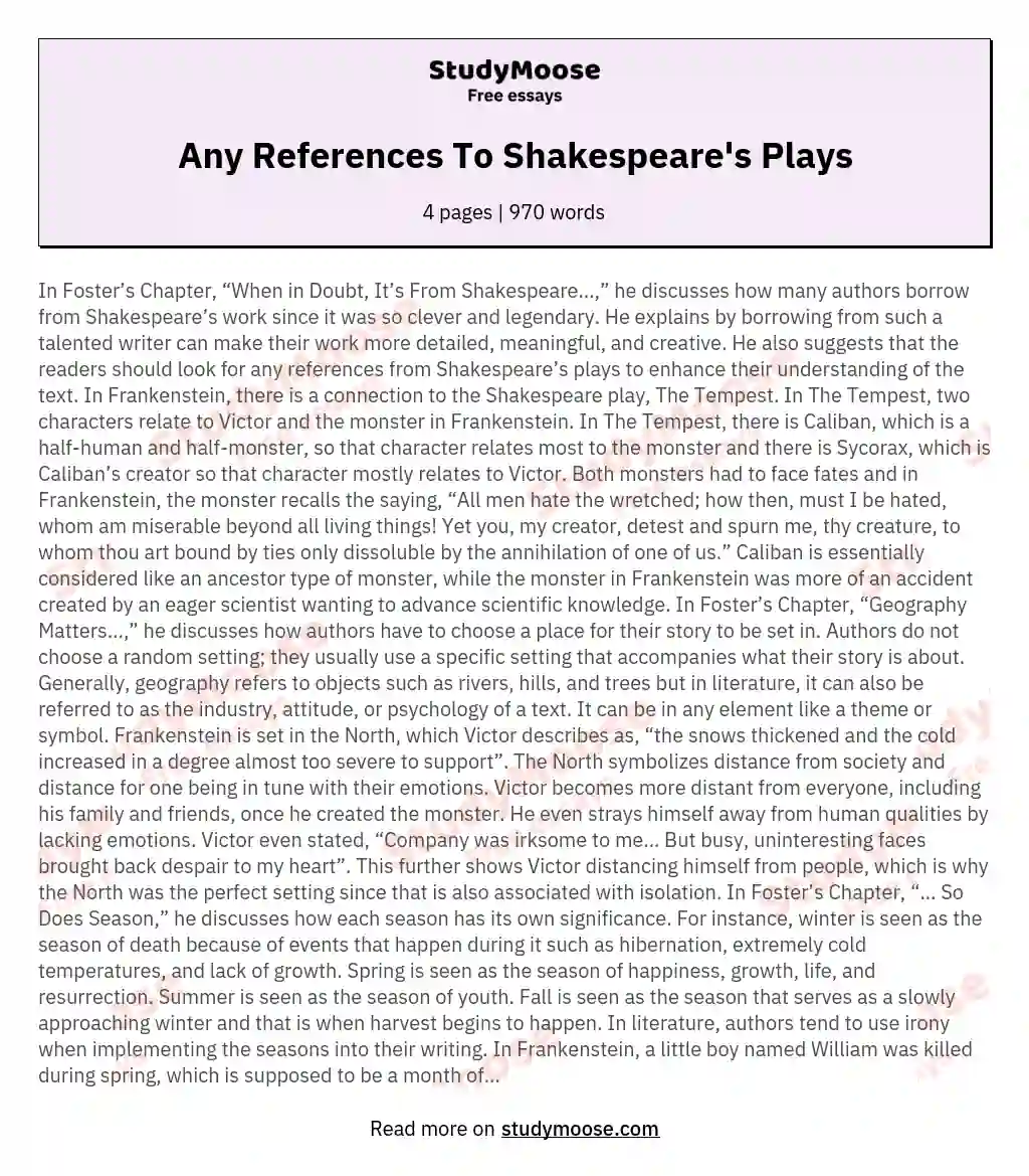 Any References To Shakespeare's Plays essay