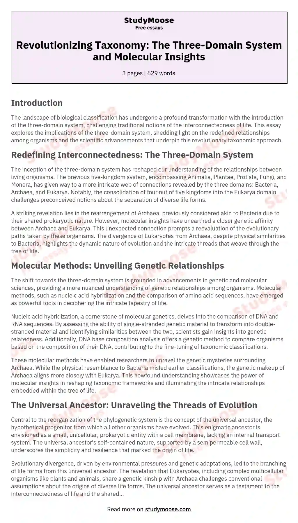 Revolutionizing Taxonomy: The Three-Domain System and Molecular Insights essay