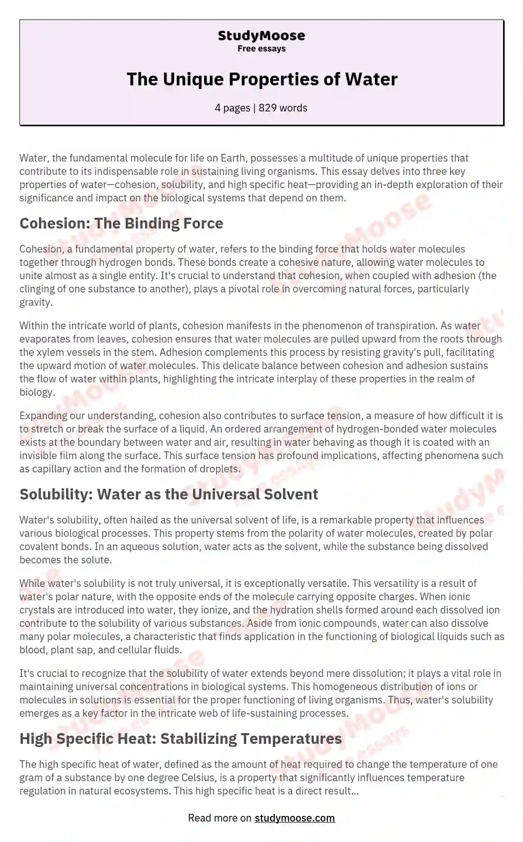 The Unique Properties of Water essay