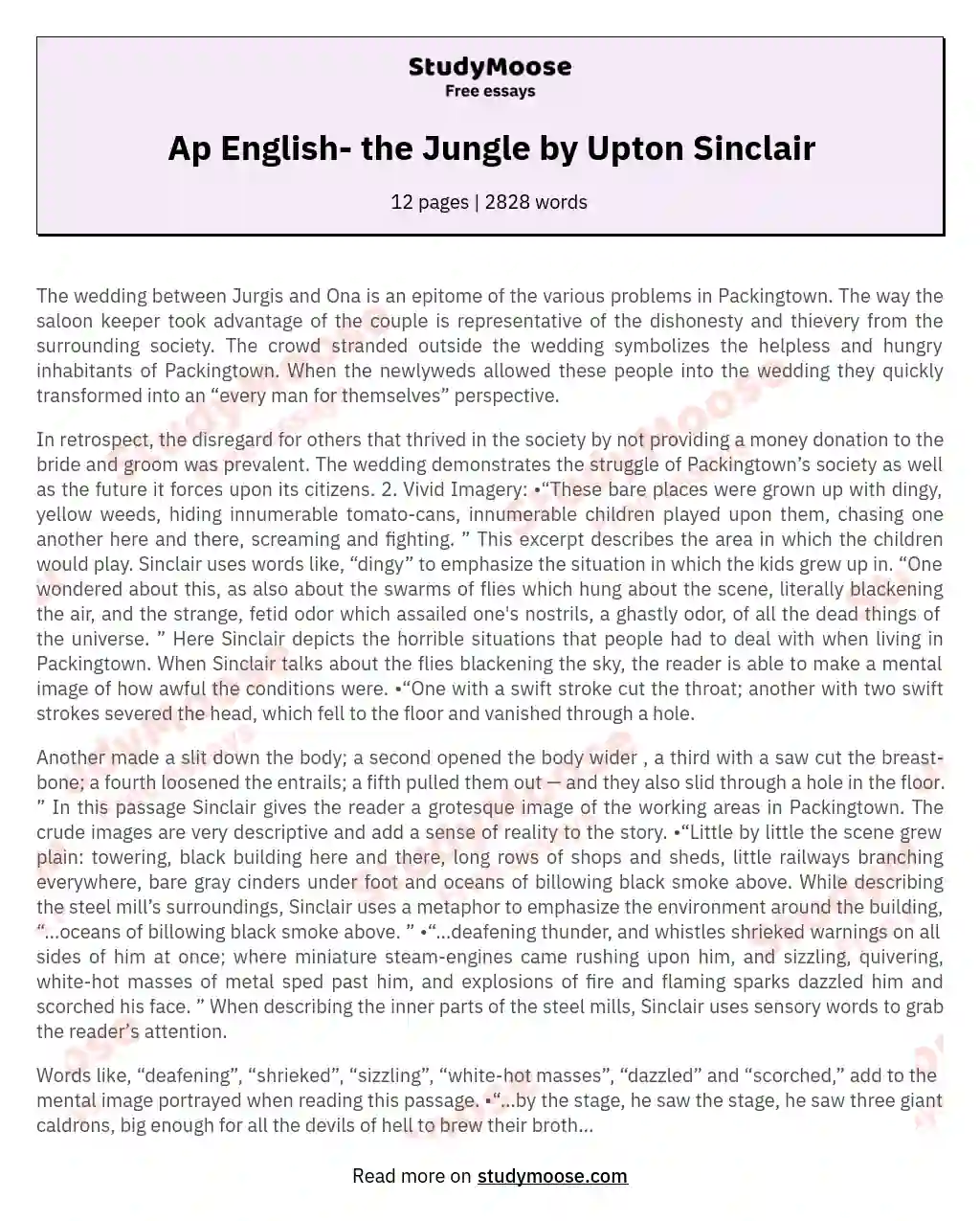 Ap English- the Jungle by Upton Sinclair essay