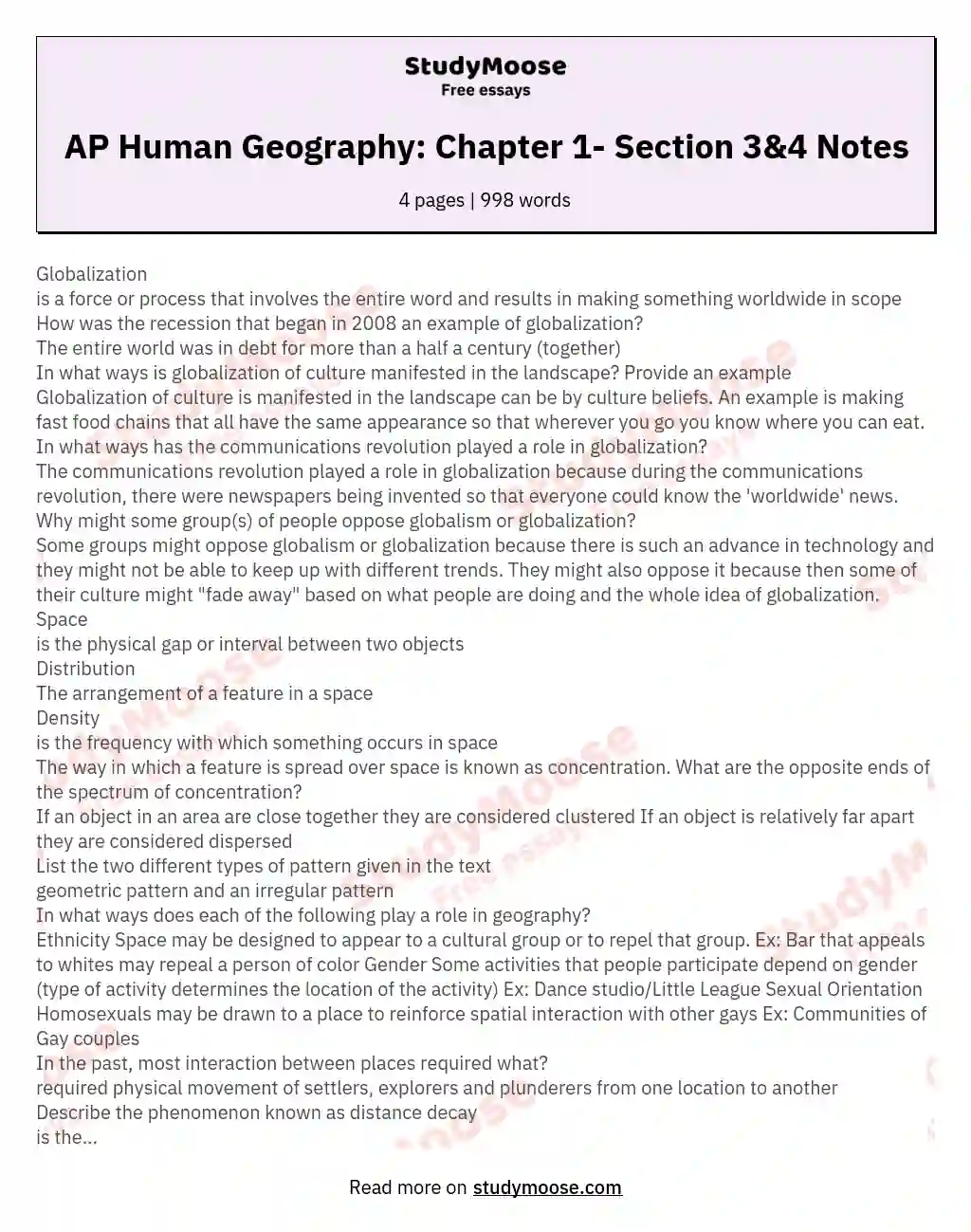 AP Human Geography: Chapter 1- Section 3&amp;4 Notes