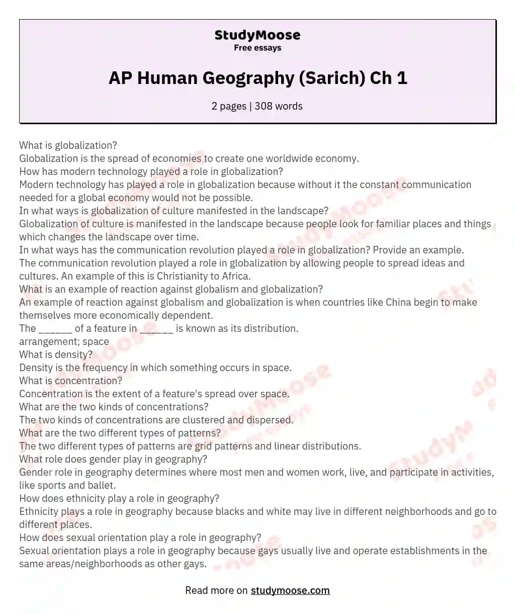 AP Human Geography (Sarich) Ch 1 essay