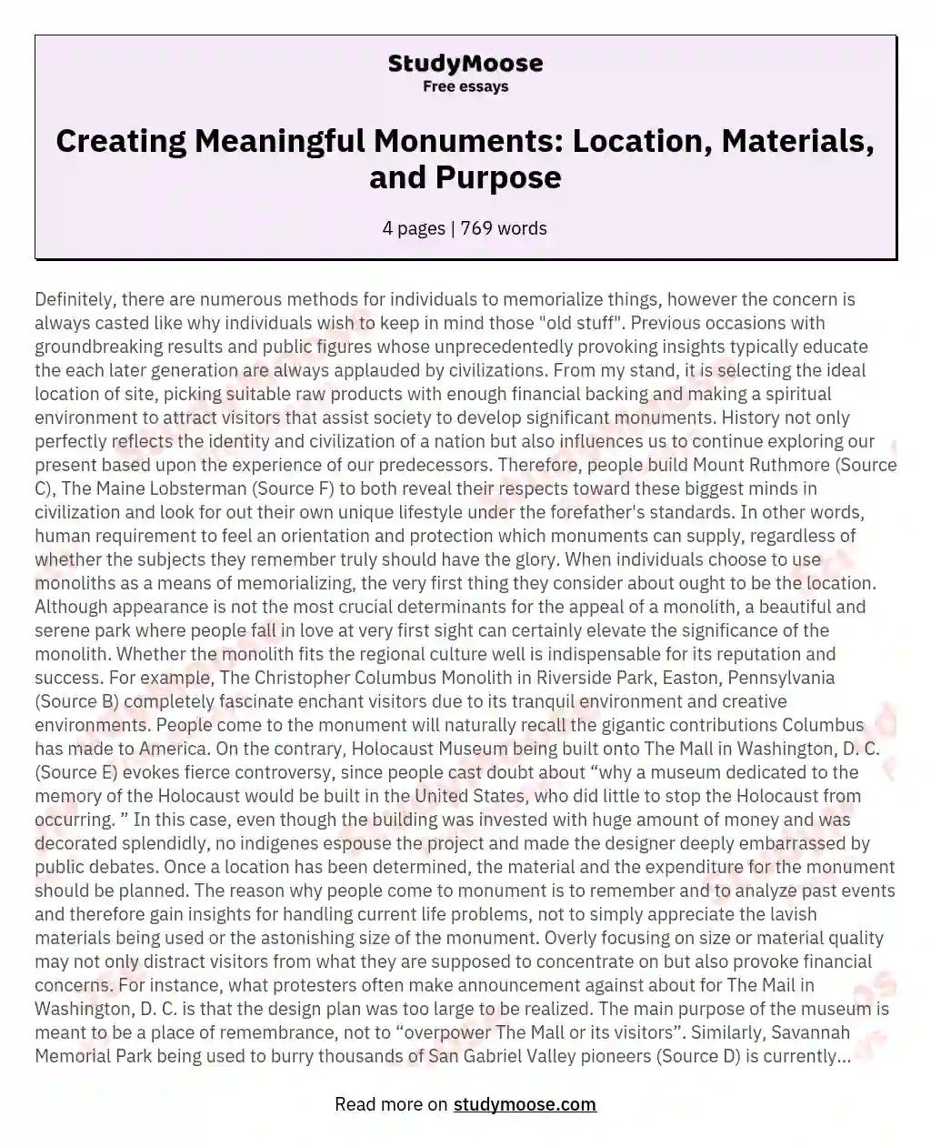 Creating Meaningful Monuments: Location, Materials, and Purpose essay