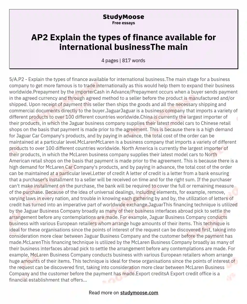 AP2 Explain the types of finance available for international businessThe main