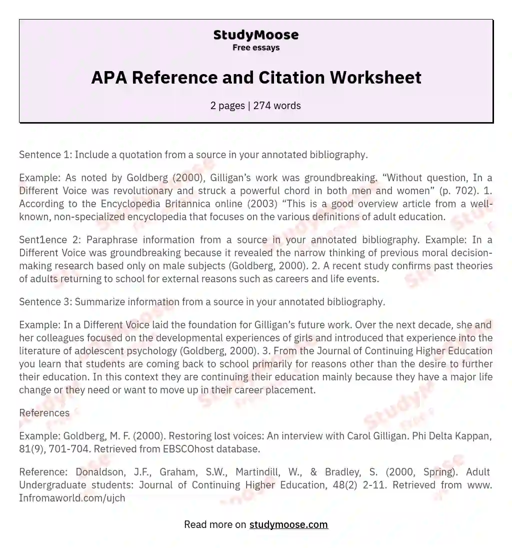 APA Reference and Citation Worksheet essay