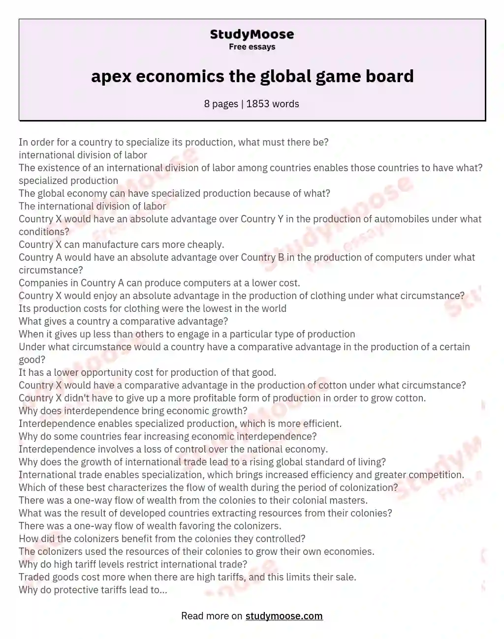 apex economics the global game board essay