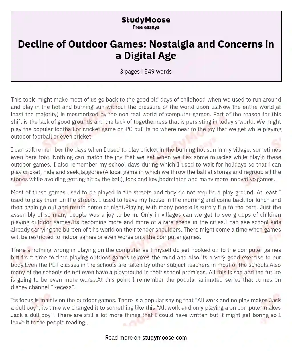Decline of Outdoor Games: Nostalgia and Concerns in a Digital Age essay