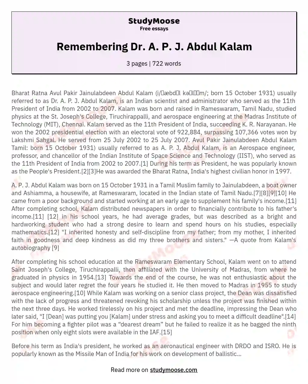 Remembering Dr. A. P. J. Abdul Kalam essay