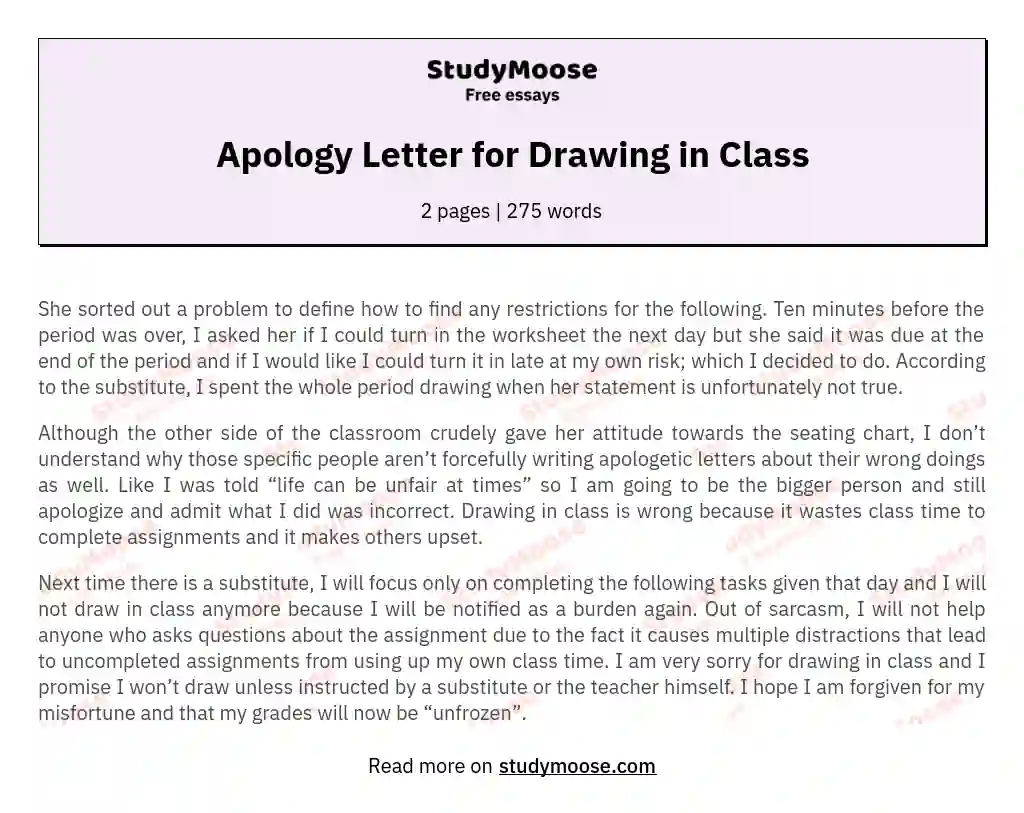 Apology Letter for Drawing in Class essay