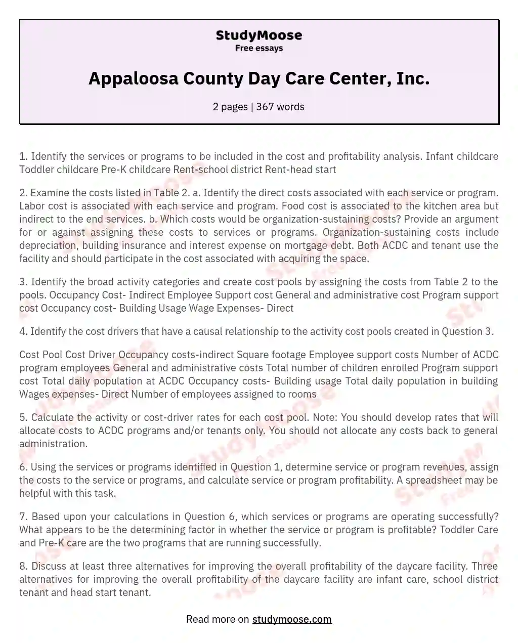 Appaloosa County Day Care Center, Inc. essay